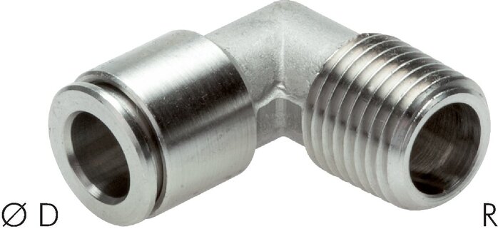 Exemplary representation: Push-in L-fitting (fixed) with conical thread, stainless steel