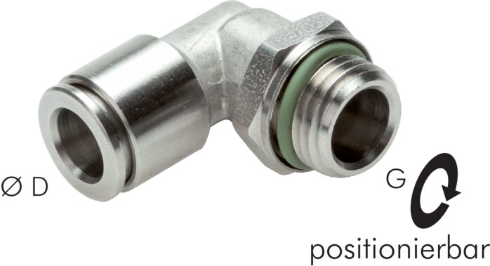 Exemplary representation: Push-in L-fitting with cylindrical thread (positionable), stainless steel