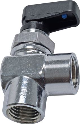 Exemplary representation: Angle ball valve with toggle handle on one side, compact