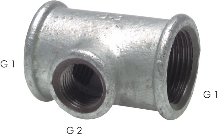 Exemplary representation: Tee with female thread and reduced/enlarged outlet, galvanised malleable cast iron, type 130/B1
